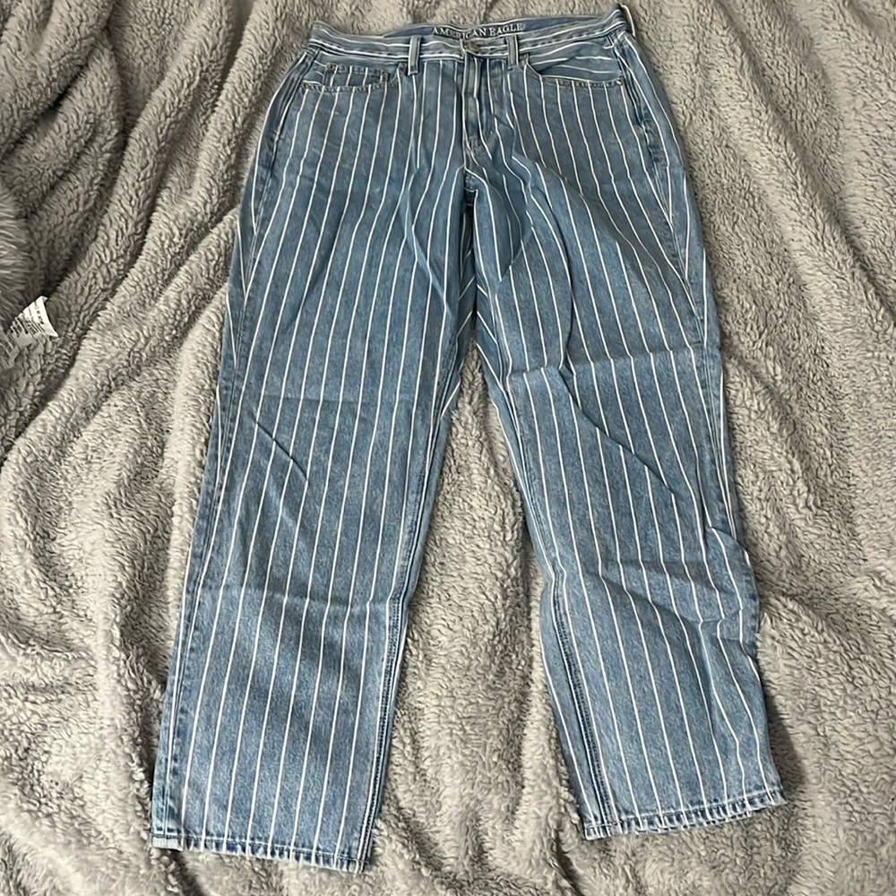 Striped straight leg denim jeans